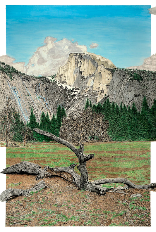 Watercolor painting of Half Dome in Yosemite, framed by trees, clouds, and fallen branches.