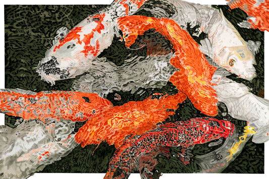 Watercolor painting of koi in a pond in Kauai, with orange, white, and black fish gathered in the water.