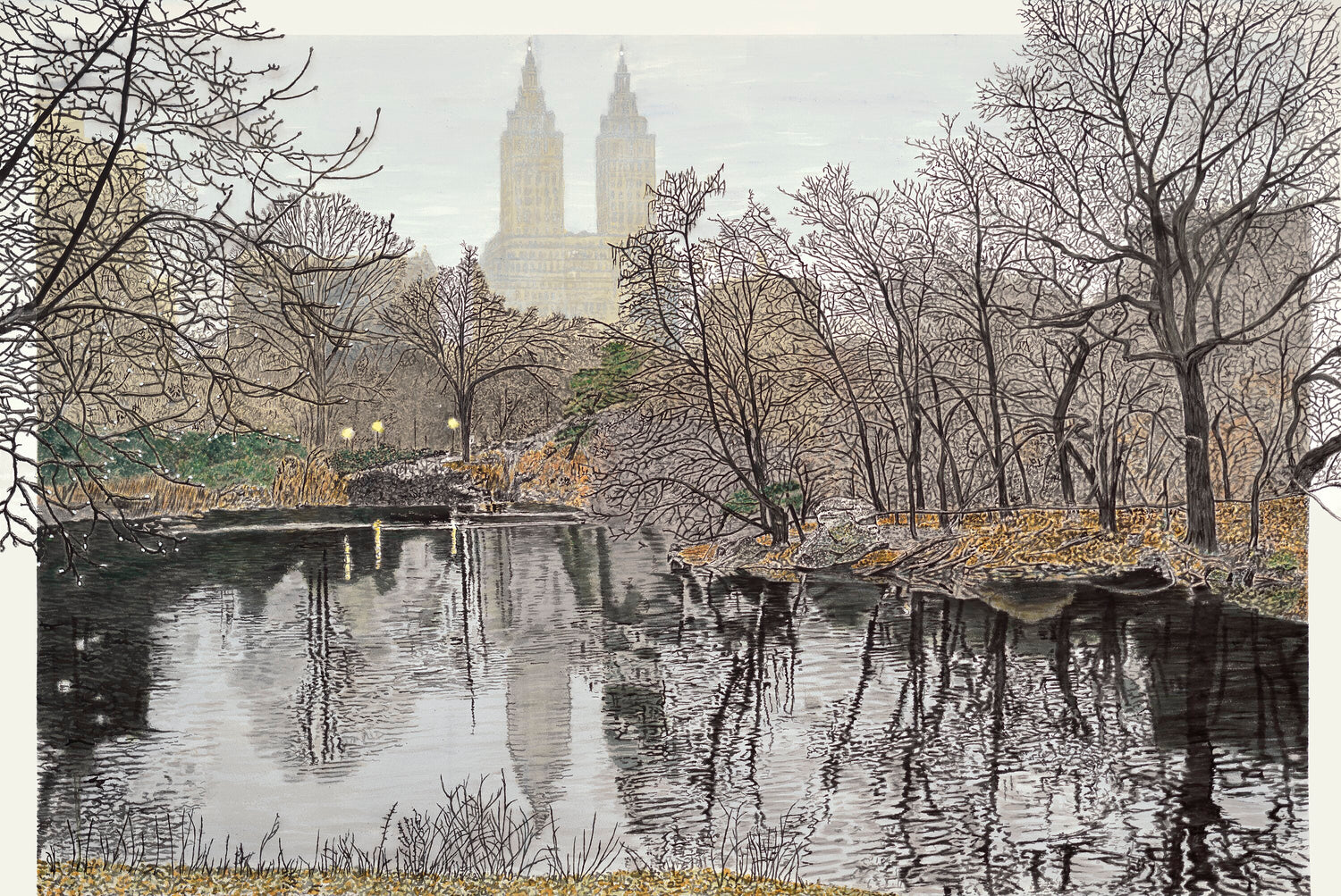 Watercolor painting of The Lake in Central Park on a cold December evening, with winter trees, reflections, and the San Remo towers.