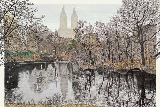 Watercolor painting of The Lake in Central Park on a cold December evening, with winter trees, reflections, and the San Remo towers.