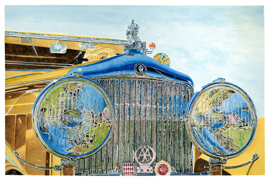 Watercolor painting of a Minerva AL shown at the Pebble Beach Concours d’Elegance, with chrome reflections and a lady in lavender walking by.