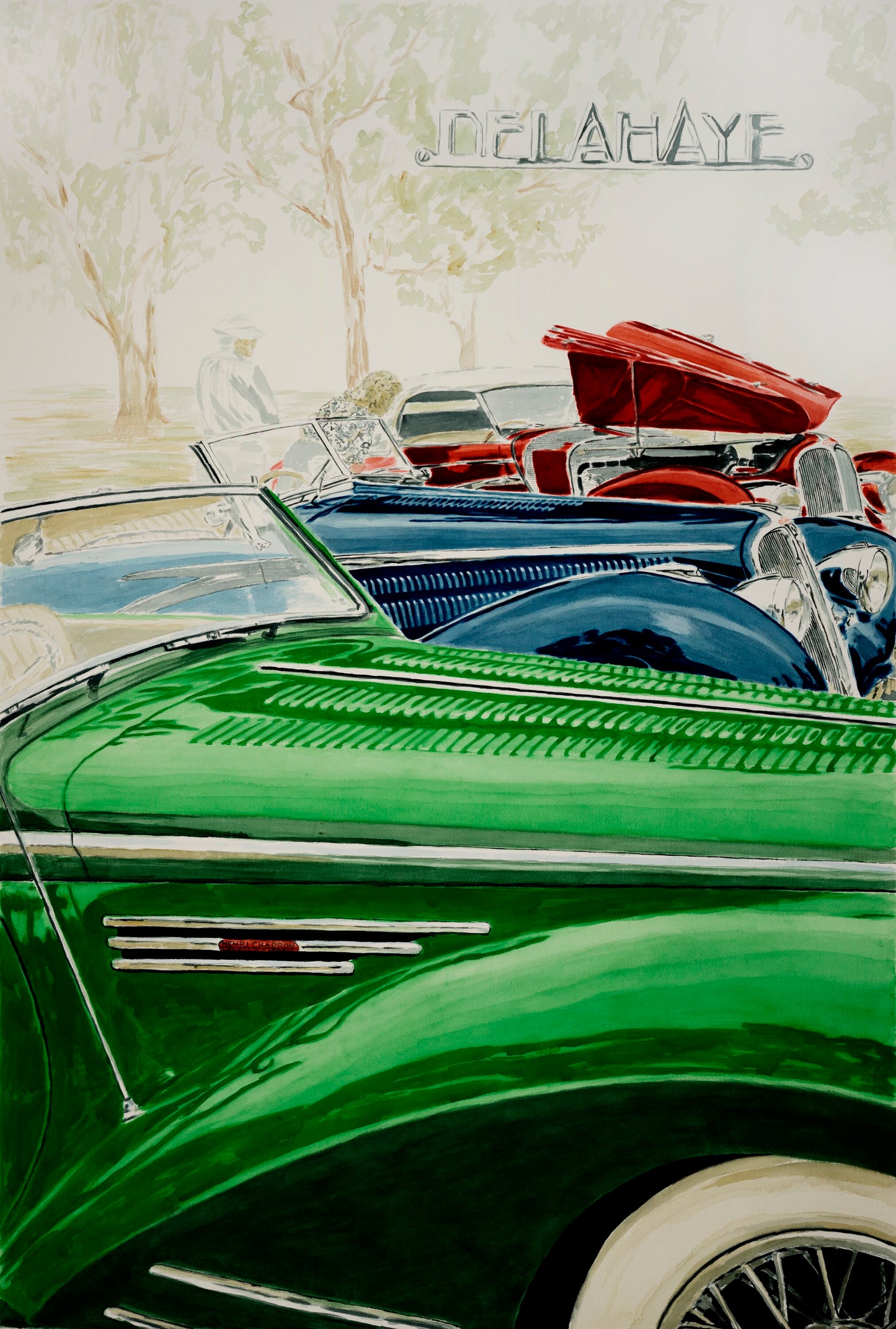 Watercolor painting of three Delahayes shown together at a City of Hope car show in Westwood, California, in the early 1990s.
