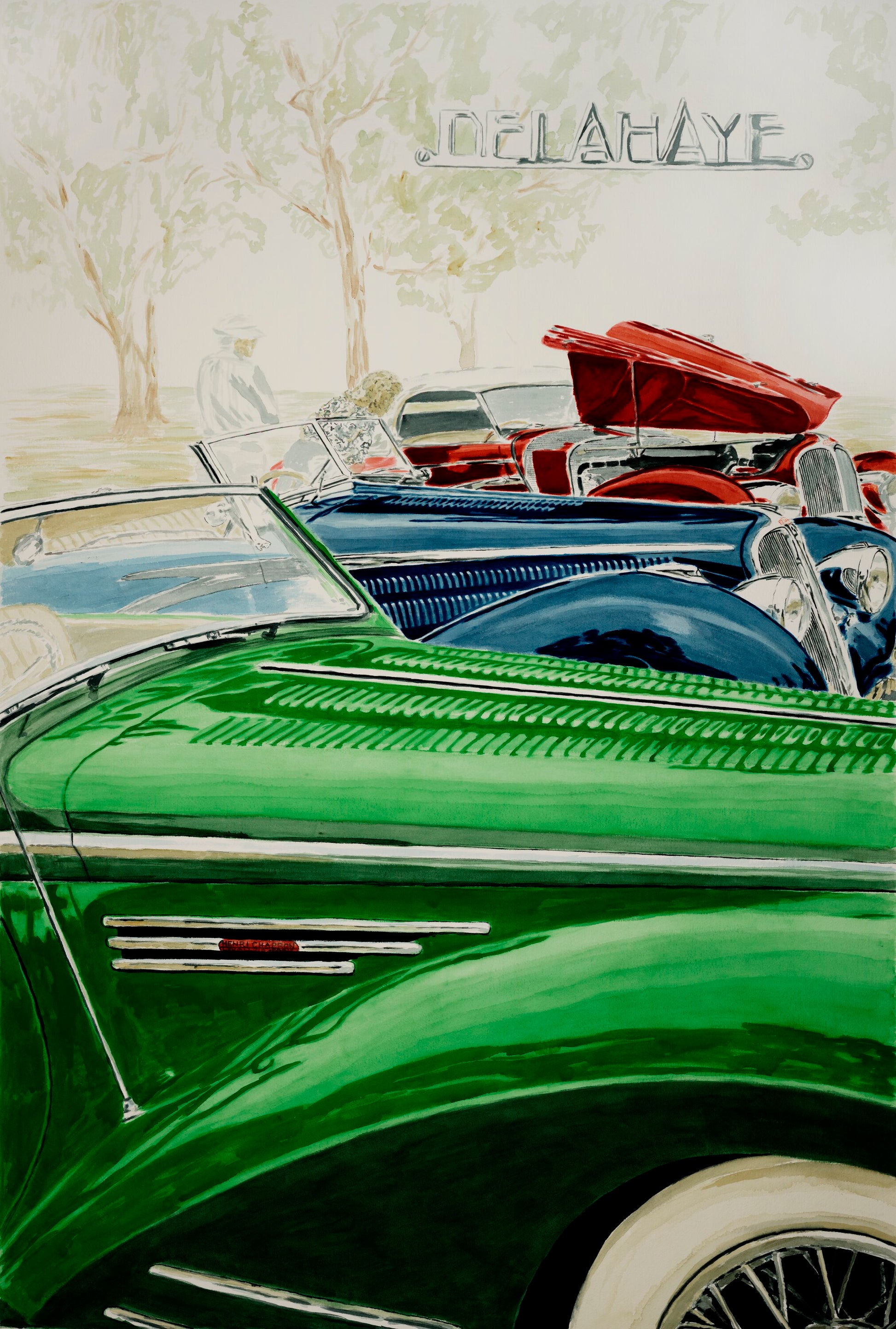 Watercolor painting of three Delahayes shown together at a City of Hope car show in Westwood, California, in the early 1990s.