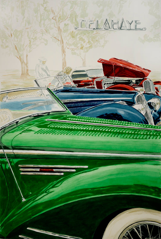 Watercolor painting of three Delahayes shown together at a City of Hope car show in Westwood, California, in the early 1990s.