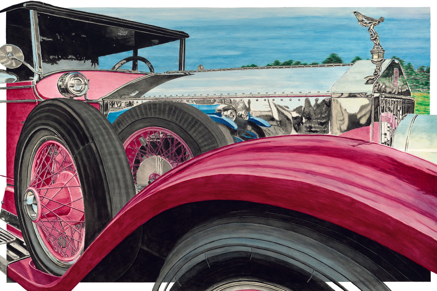 Watercolor painting of two 1920s Rolls-Royces reflected in one another, with added color and layered automotive reflections.