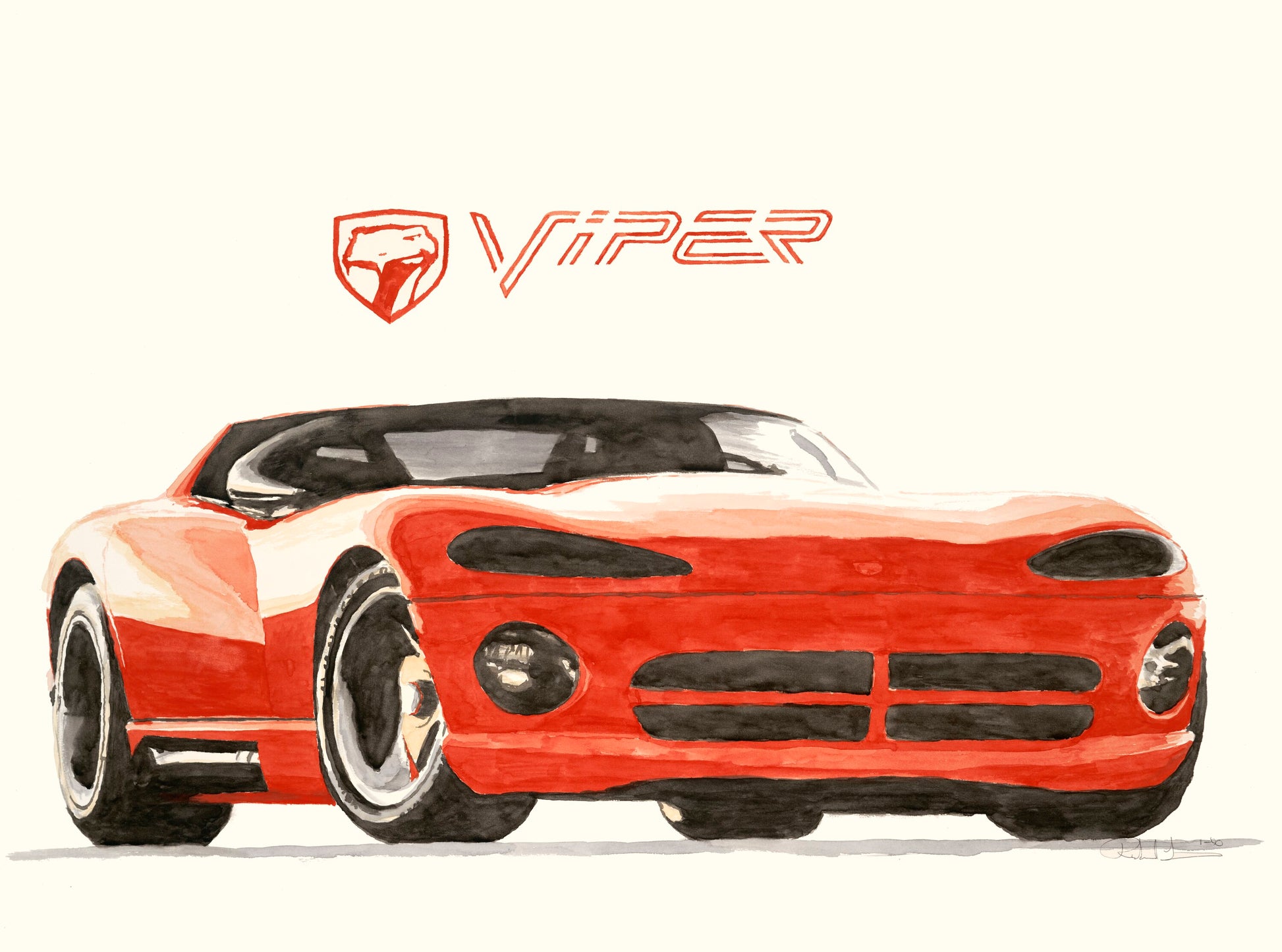 Black-and-white watercolor painting of a Dodge Viper prototype, shown in side profile with a low stance and long hood.