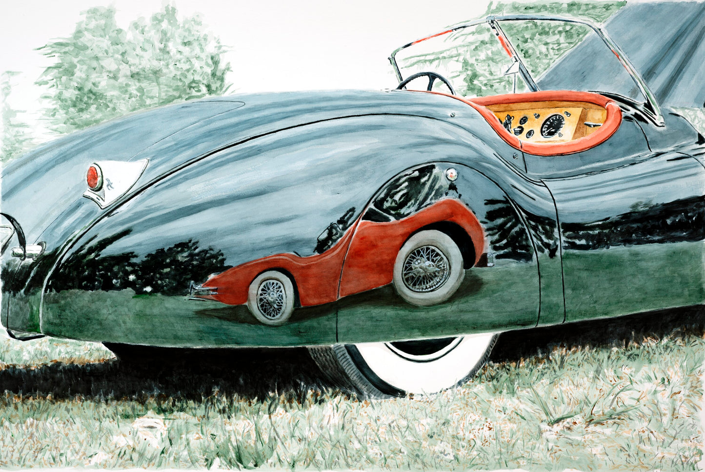 Watercolor painting of a Jaguar XK140 reflected in a Jaguar XK120, part of Richard Lewis’s Fraternal Series.
