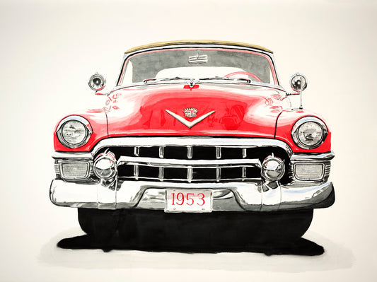 Watercolor painting of a red 1953 Cadillac Series 62, featuring the front grille, chrome details, and classic American automotive styling.